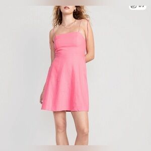 Old navy women’s large linen pink bubblegum mini dress tie strap new summer